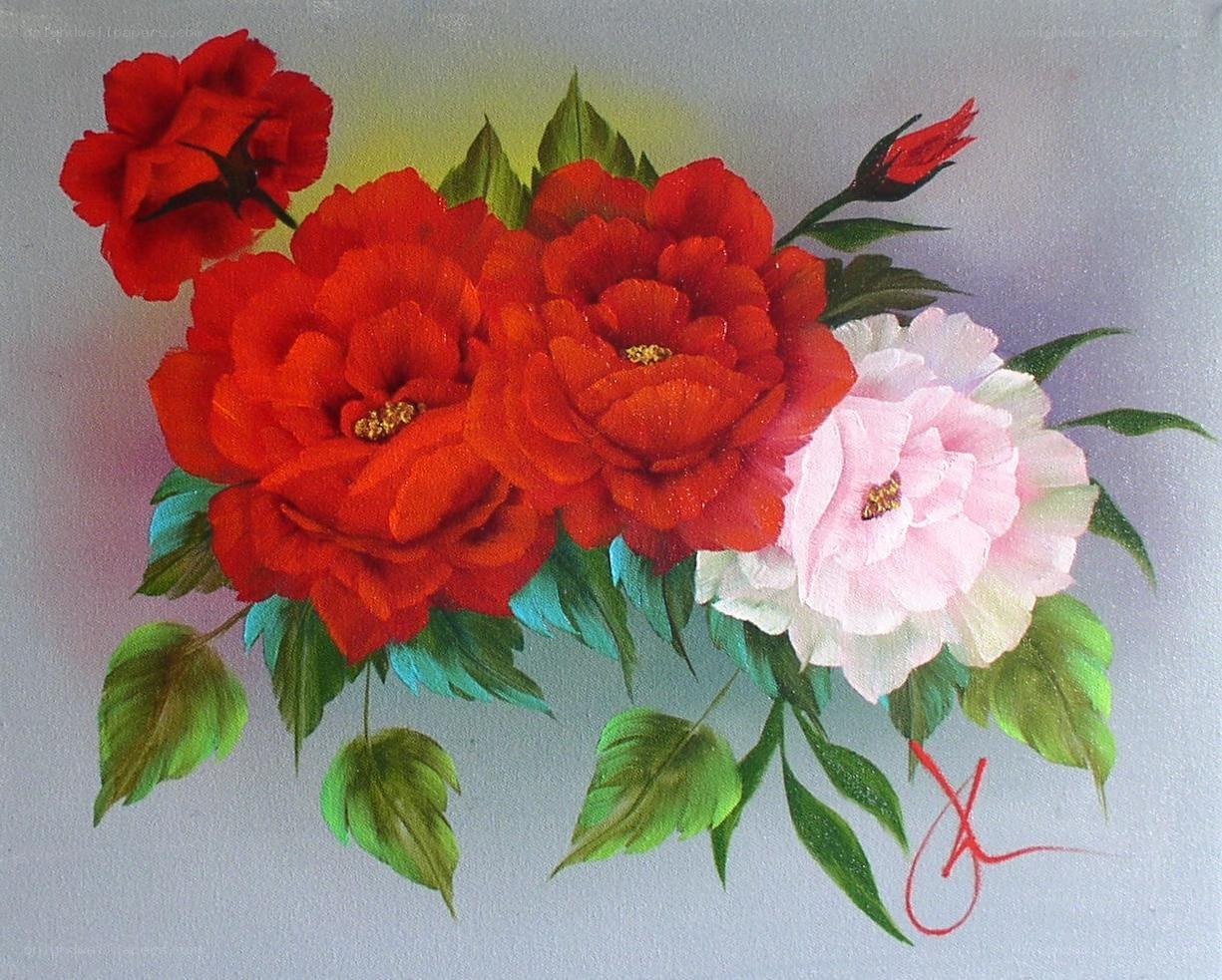 Red and pink peonies painting
