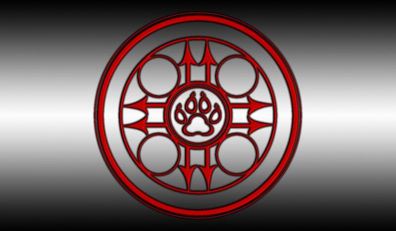 red and silver emblem with paw print