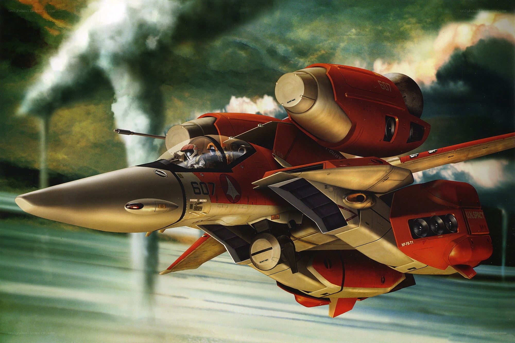 Red and silver fighter jet in flight