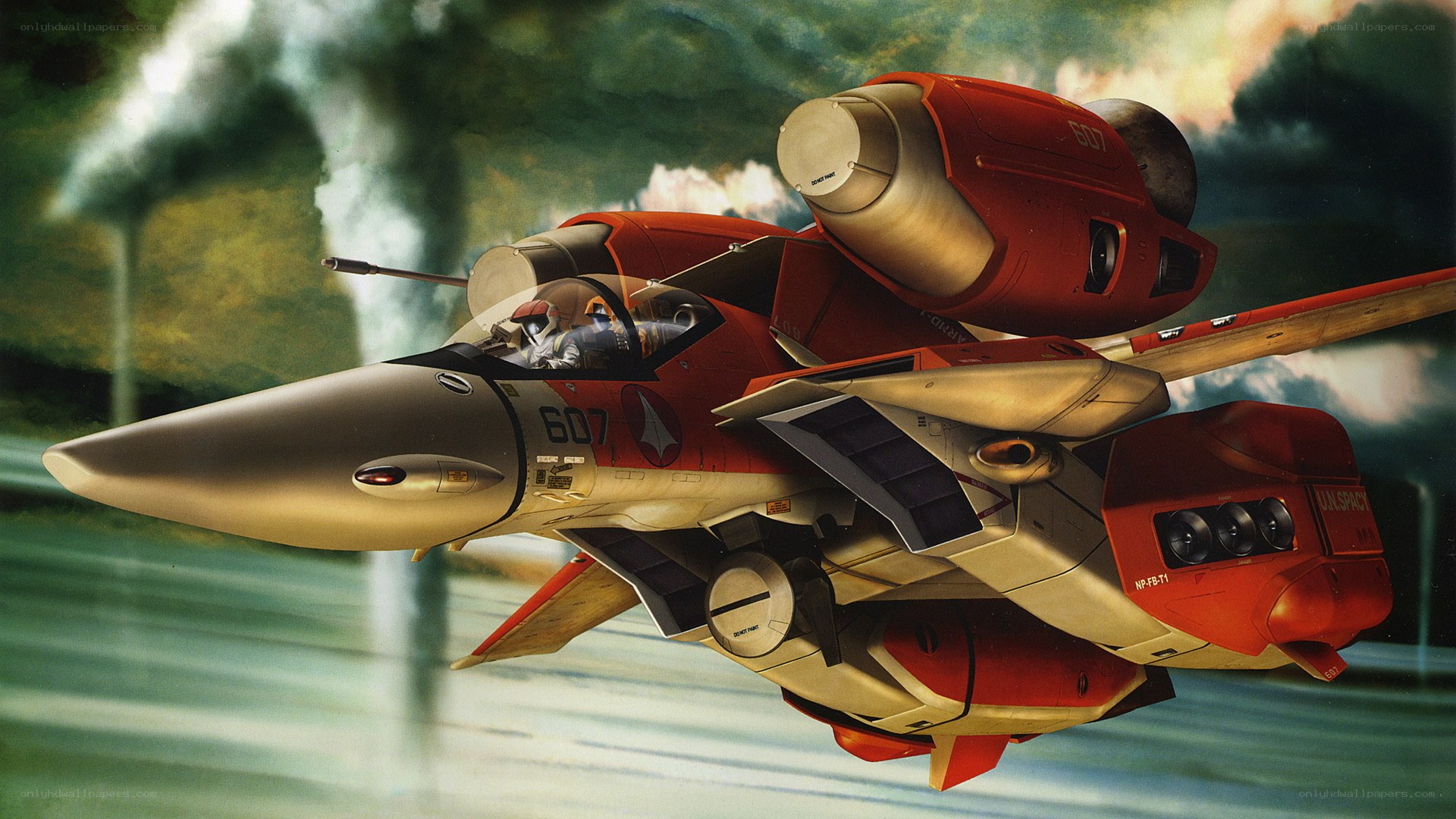 Red and silver fighter jet