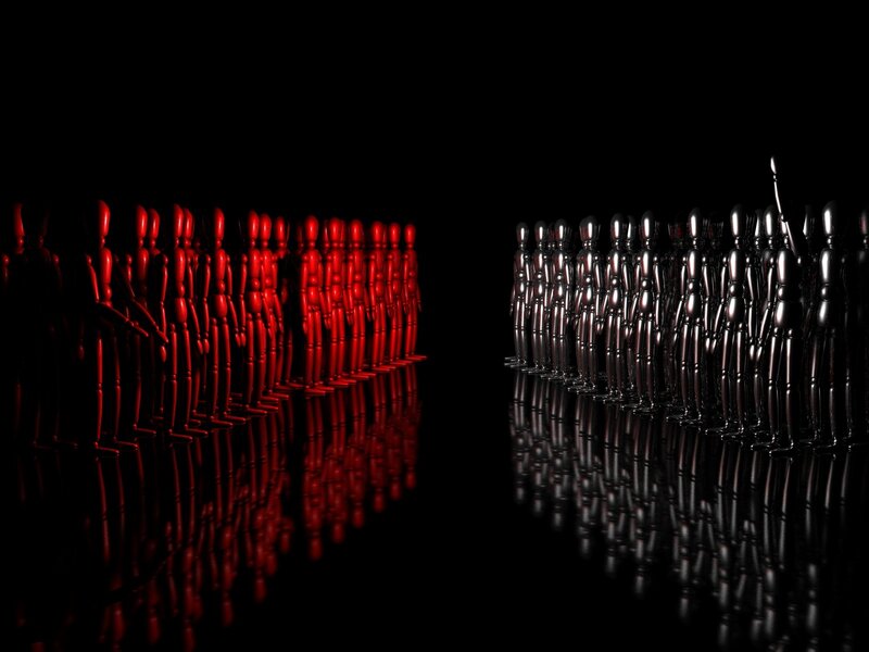 Red and silver figures in formation
