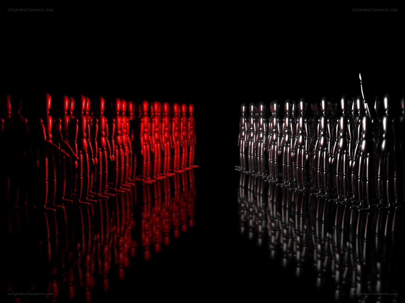 Red and silver figures in formation
