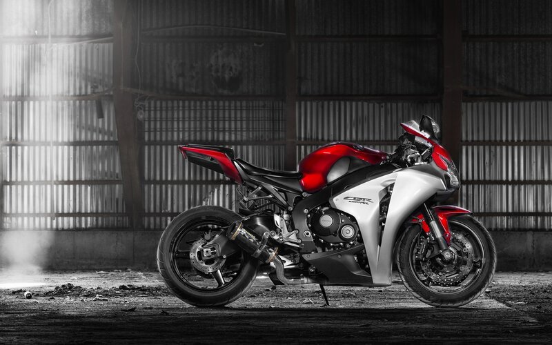 Red and Silver Motorcycle — Dramatic, Photograph, Corrugated Metal Wall