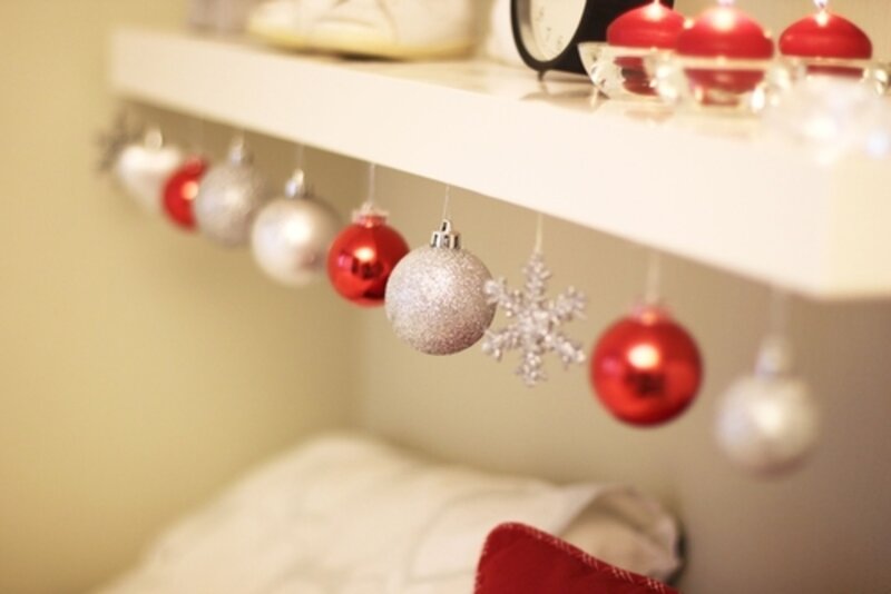 Red and Silver Ornaments — Festive, Winter, Photograph, Shelf