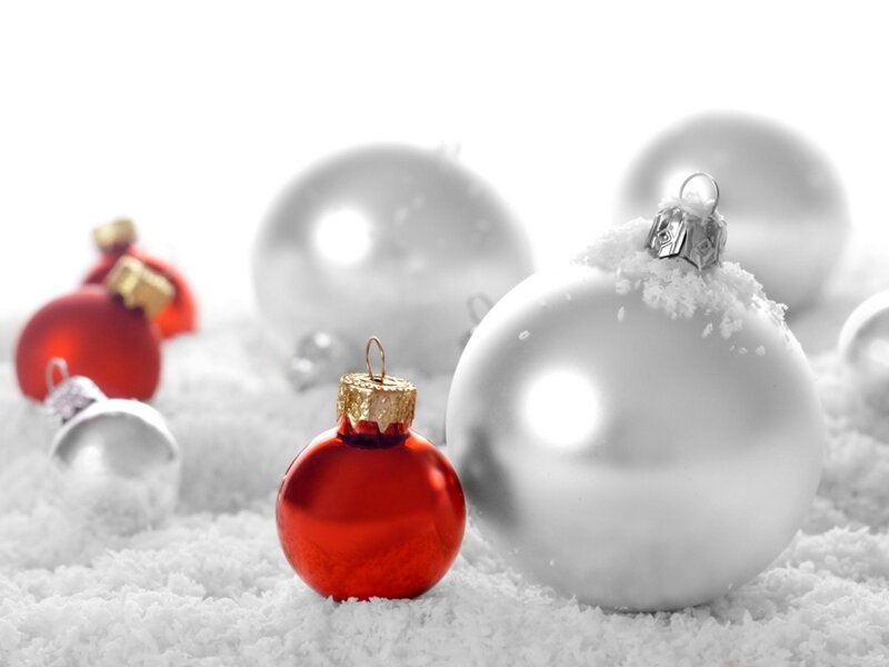 Red and Silver Ornaments — Festive, Winter, Photograph, Snow, Gold Caps