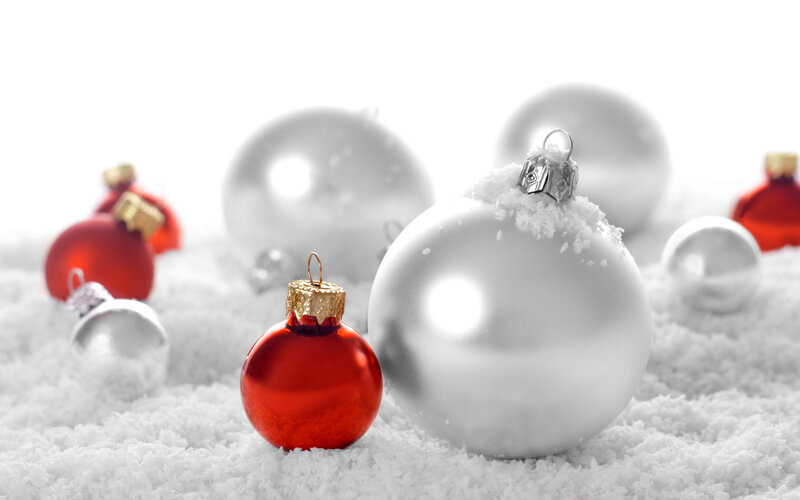 Red and Silver Ornaments — Festive, Winter, Photograph, Snow