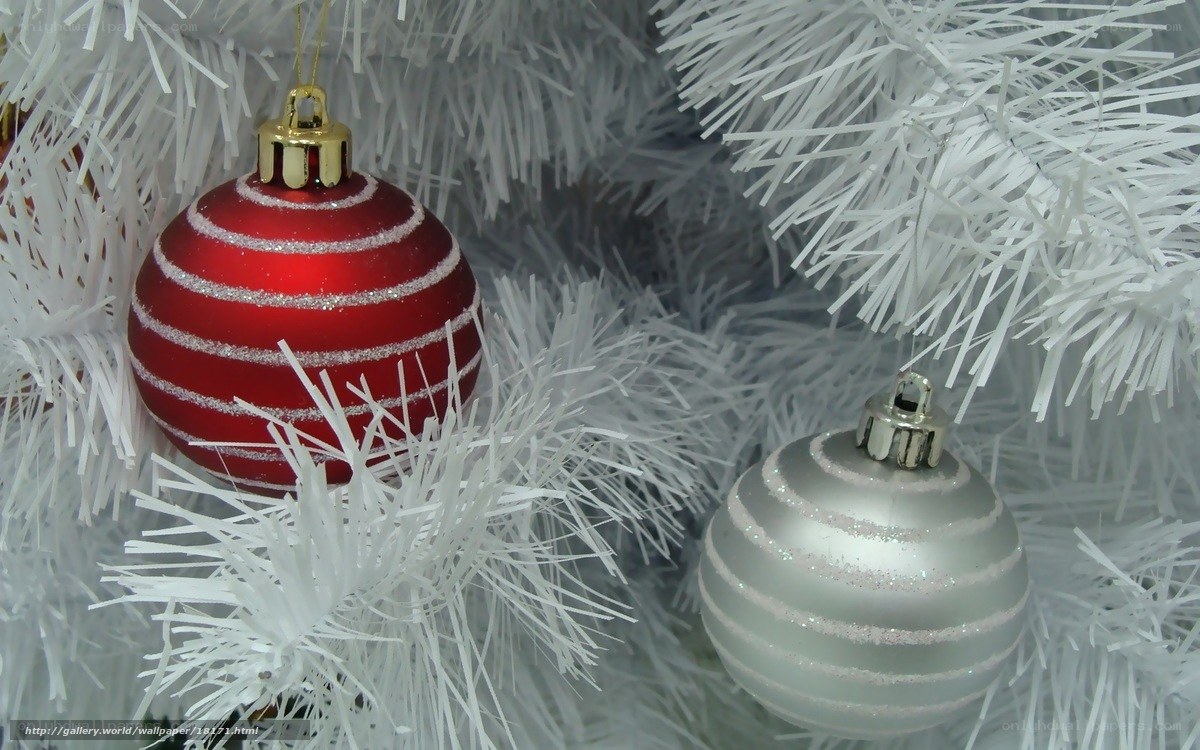 Red and silver ornaments on white tree