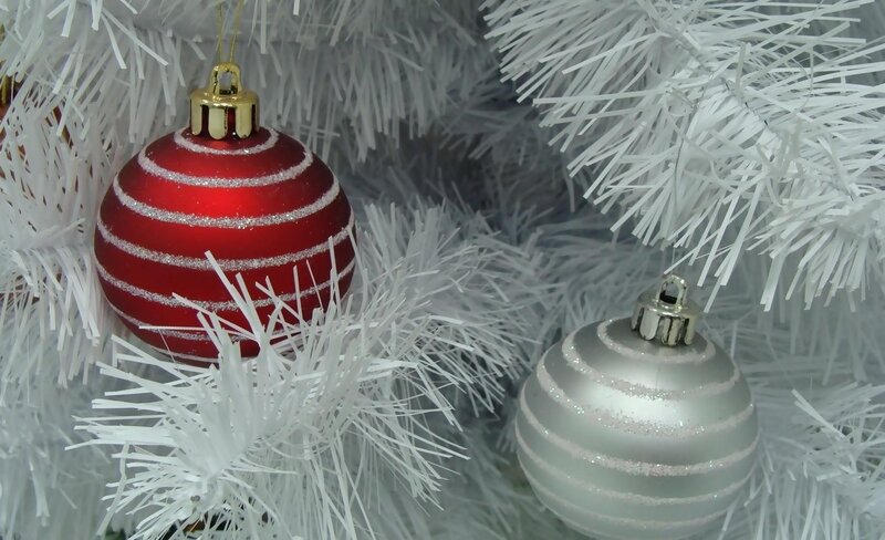 Red and Silver Ornaments — White, Festive, Winter, Photograph