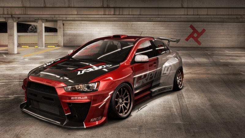 Red and Silver Race Car — Dramatic, Digital Art, Parking Garage