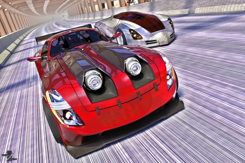 Red and silver race cars on track
