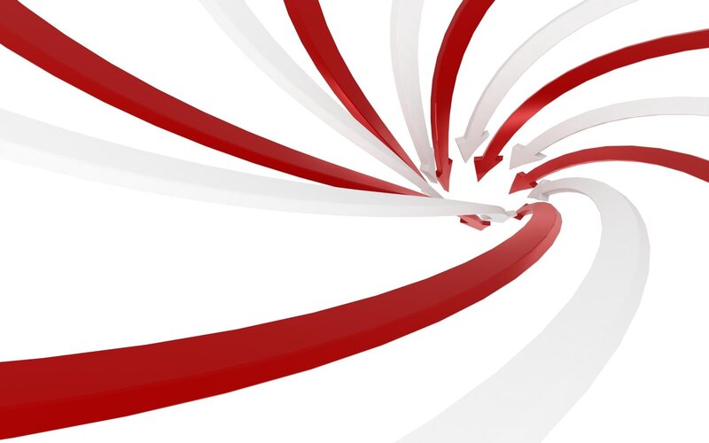 red and white arrows converging