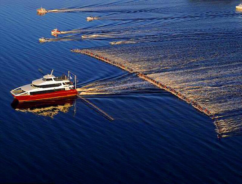 Red and White Boat — Blue, Serene, Afternoon