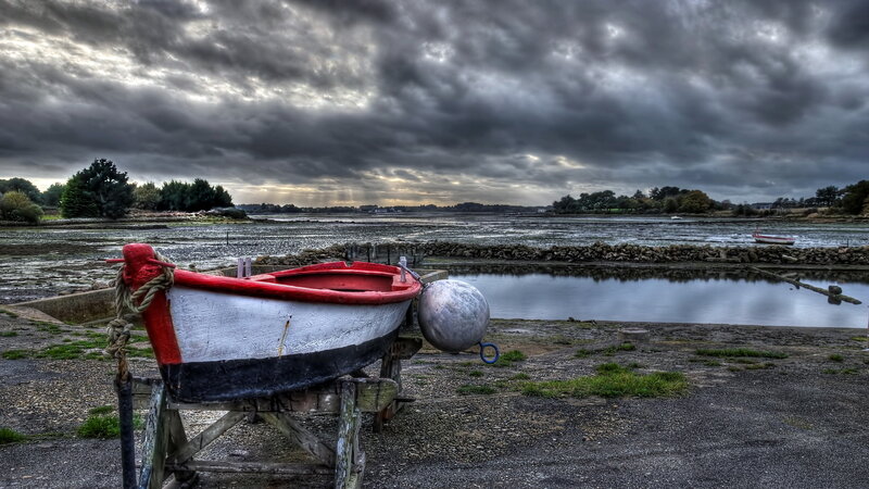 Red and White Boat — Gray, Dramatic