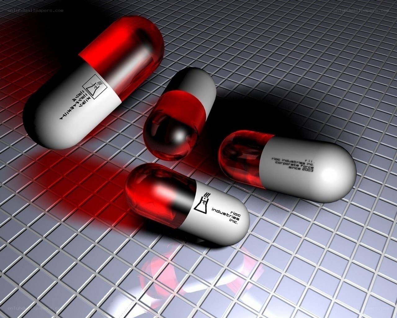 Red and white capsules on grid