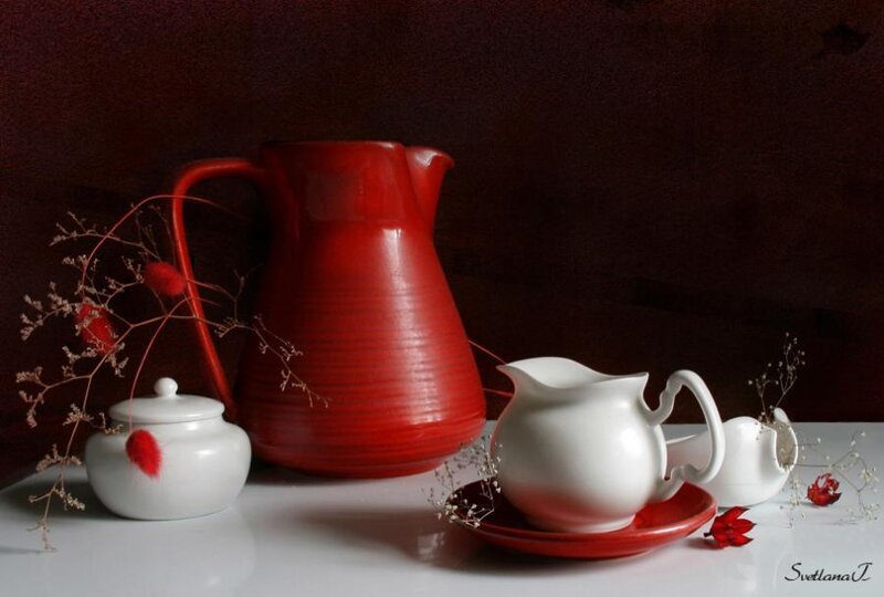 Red and White Ceramic Pitcher