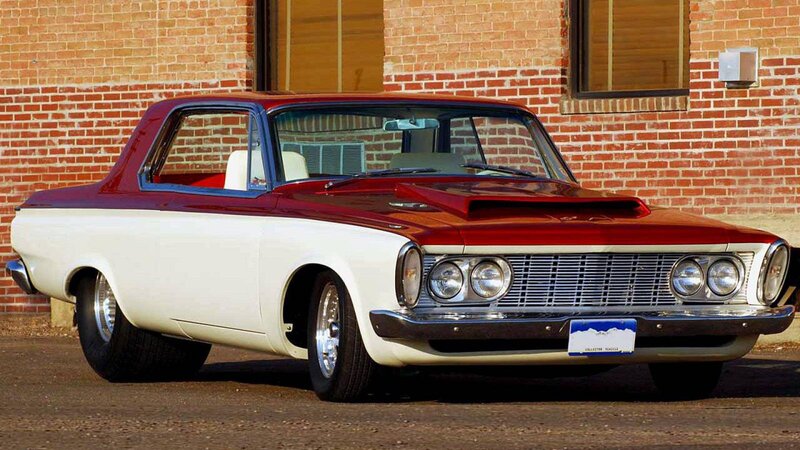 Red and White Classic Car — Calm, Afternoon, Photograph, Brick Building