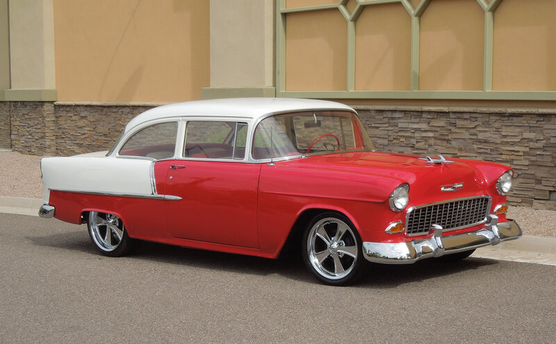 Red and White Classic Car — Calm, Afternoon, Photograph, Building