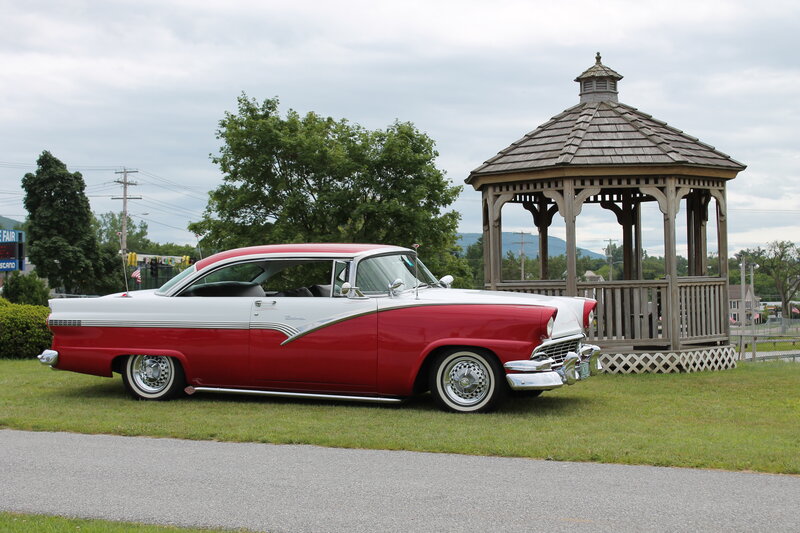 Red and White Classic Car — Calm, Afternoon, Photograph, Gazebo