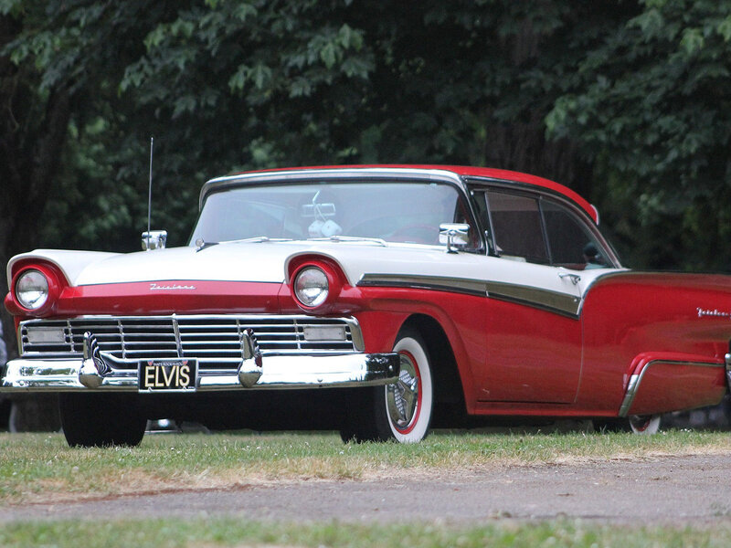 Red and White Classic Car — Calm, Photograph, Grass