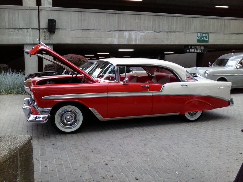 Red and White Classic Car — Calm, Photograph, Parking Garage