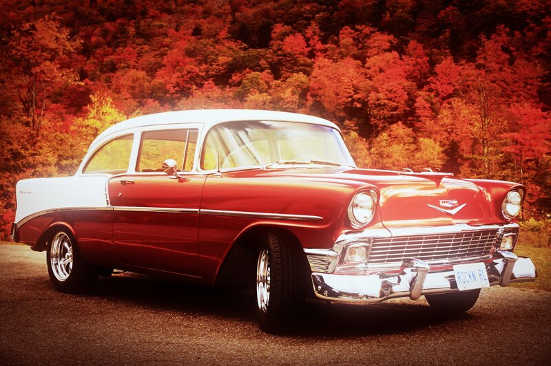 Red and White Classic Car — Dramatic, Autumn