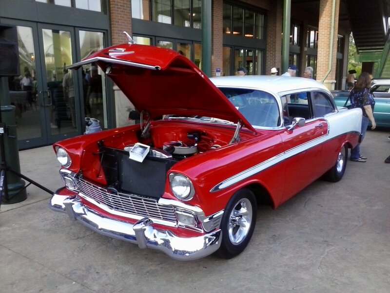 Red and White Classic Car — Outdoor, Afternoon, Photograph, People, Building