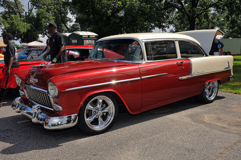 Red and White Classic Car — Outdoor, Afternoon, Photograph, People