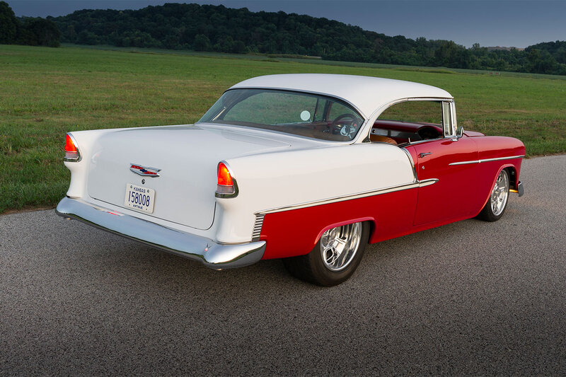 Red and White Classic Car — Serene, Sunset, Photograph