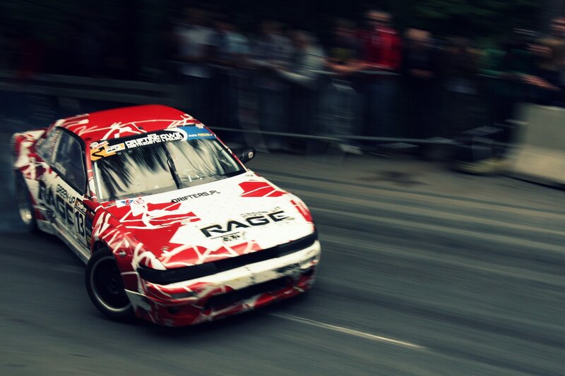 Red and White Drift Car — Dynamic, Photograph, Crowd
