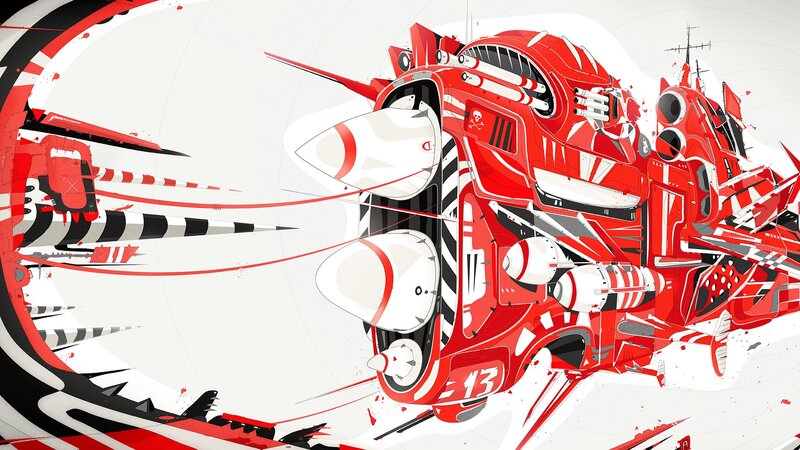 Red and white futuristic aircraft