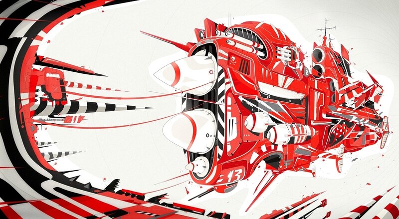 Red and white futuristic warship