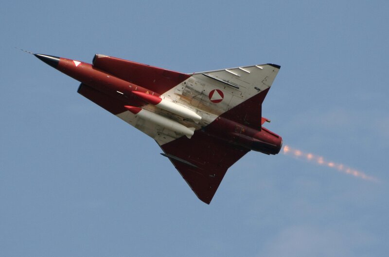 Red and White Jet Fighter — Dynamic, Afternoon, Photograph, Smoke Trail
