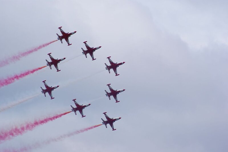 Red and white jets in formation