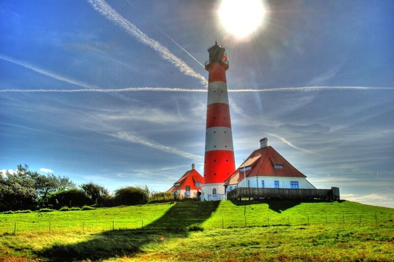 Red and White Lighthouse — Blue, Dramatic, Afternoon