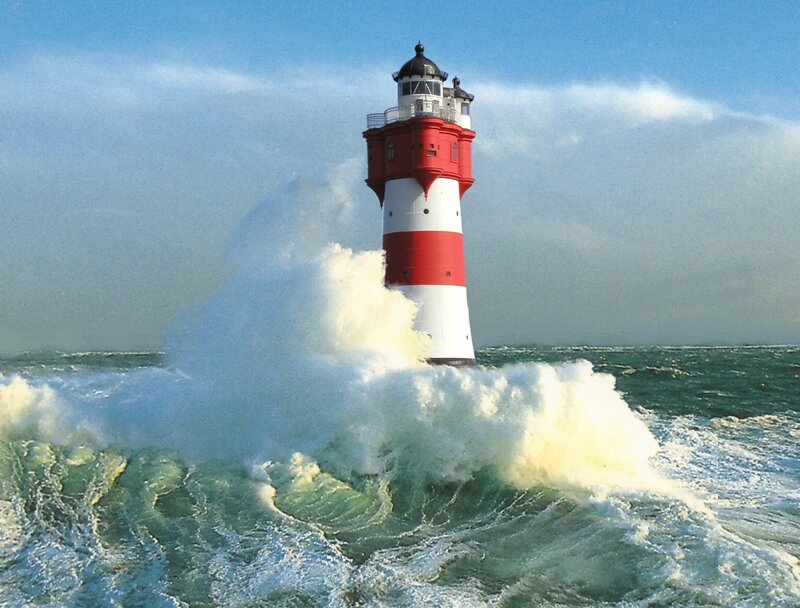 Red and White Lighthouse — Blue, Dramatic