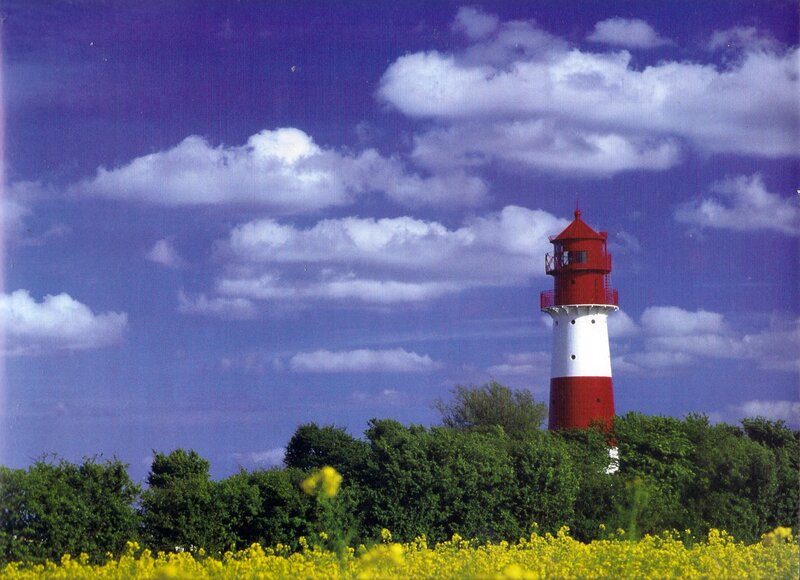 Red and White Lighthouse — Blue, Serene, Afternoon