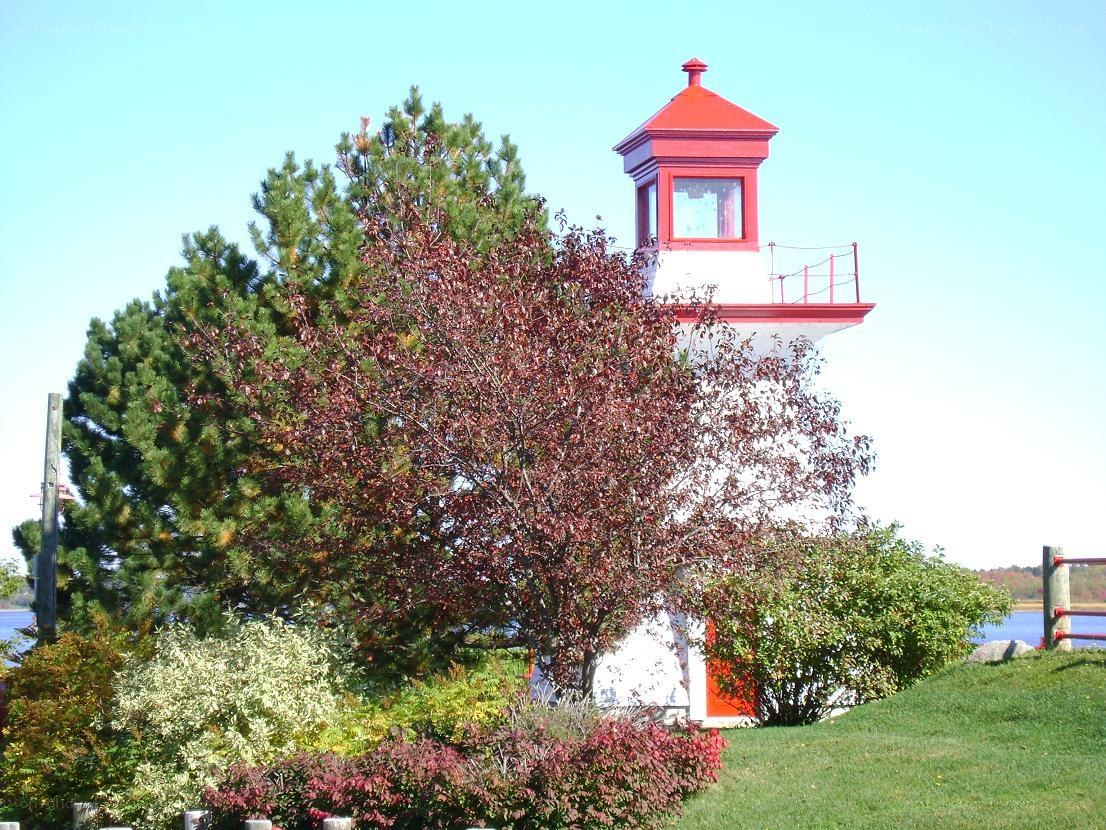 Red and white lighthouse by the water