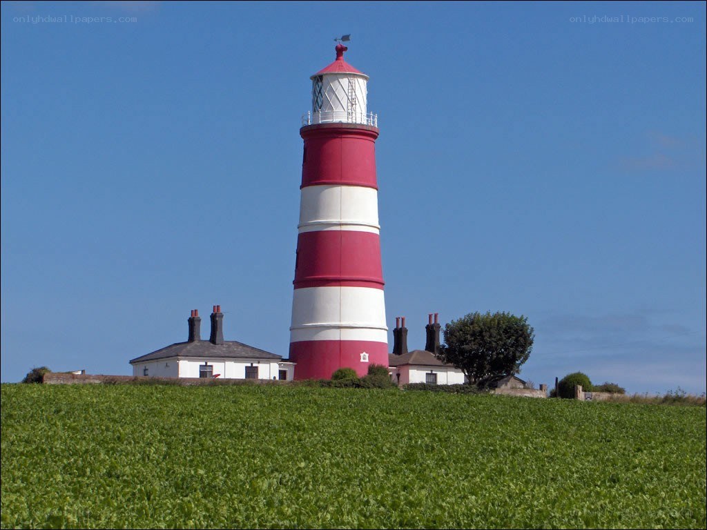 red and white lighthouse on a hill
