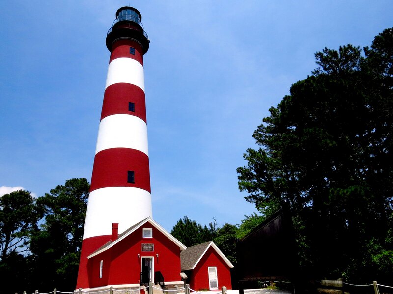 Red and White Lighthouse — Serene, Afternoon, Photograph