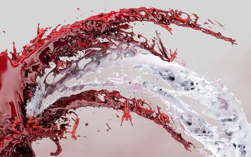 Red and white liquid splashes