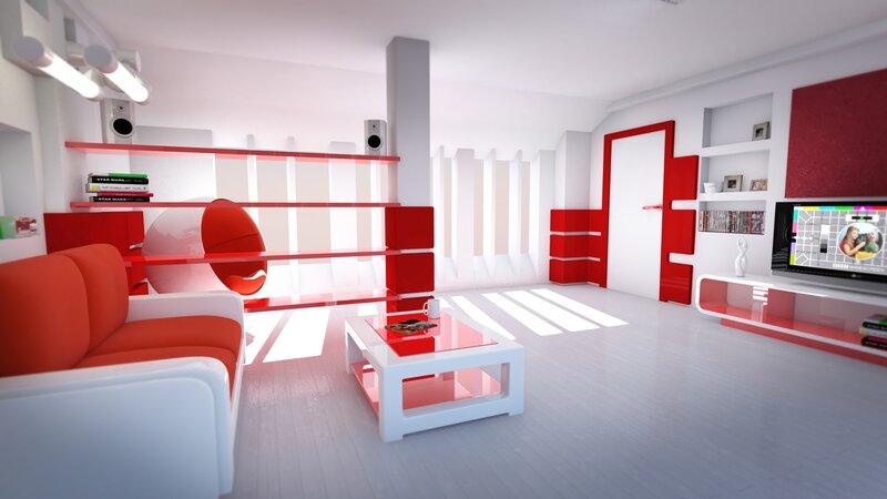 Red and White Living Room — Modern