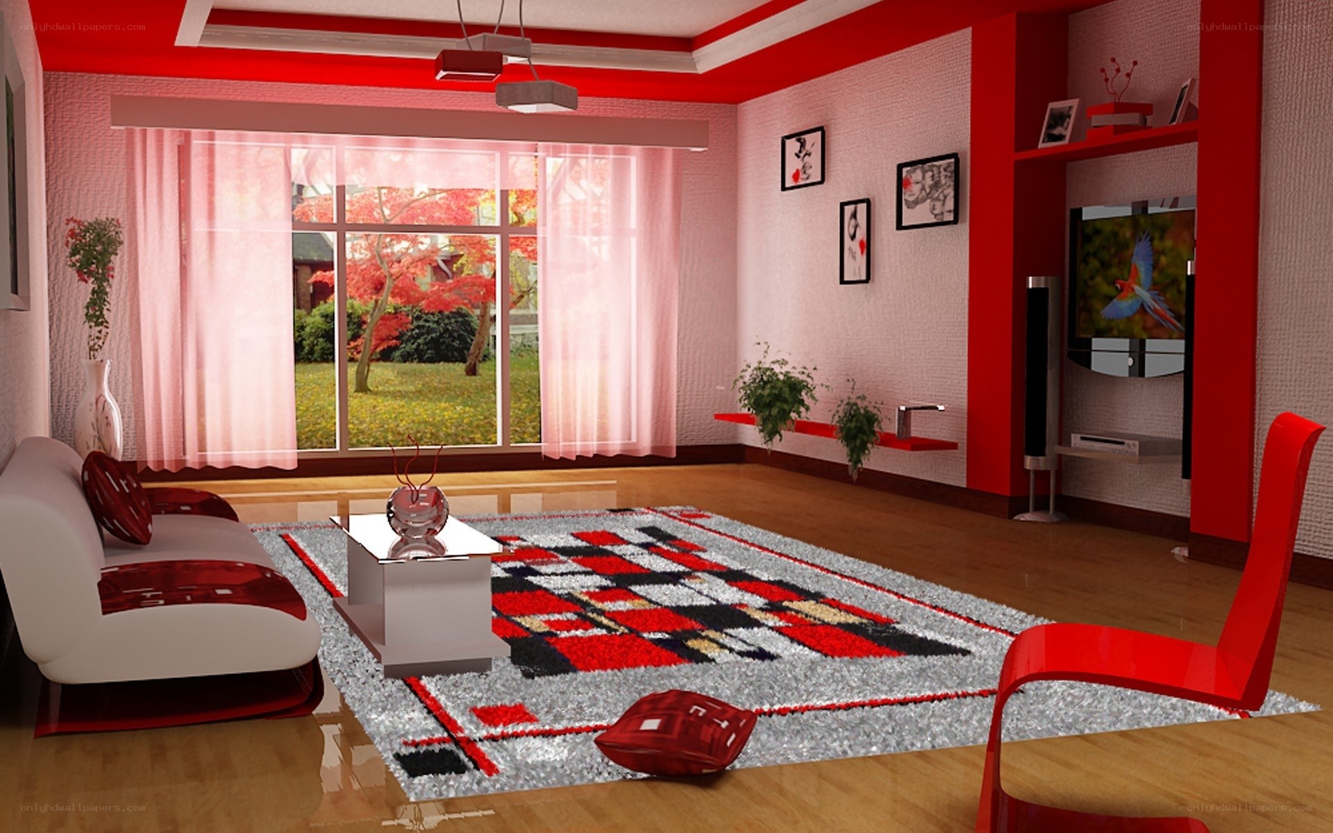 Red and white living room