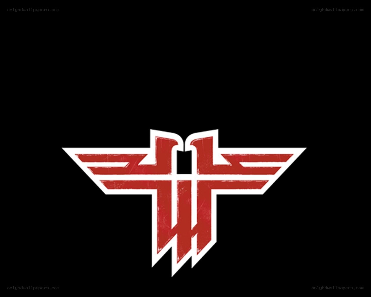 red and white logo on black