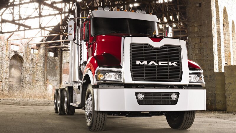 Red and white Mack truck
