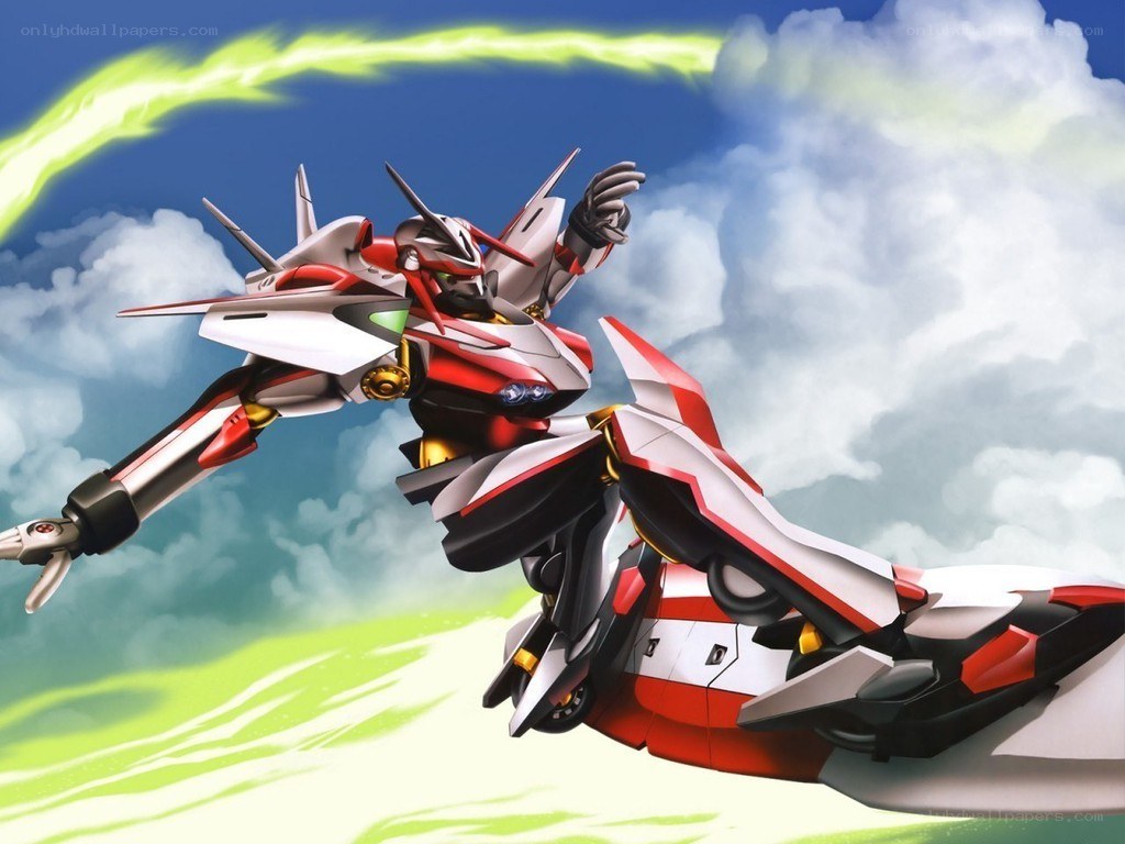 Red and white mecha in flight