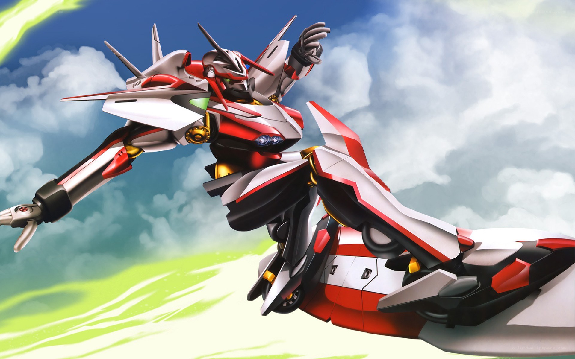 red and white mecha in flight