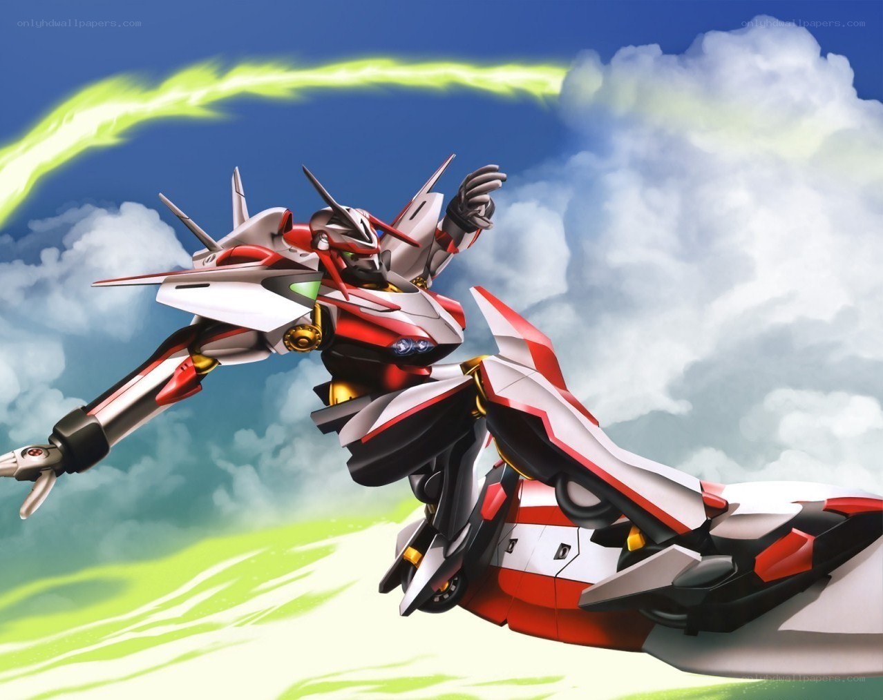 Red and white mecha in flight