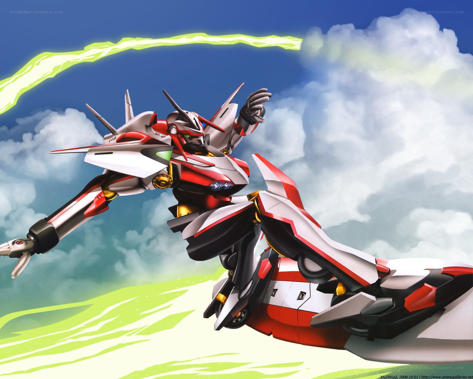 red and white mecha in flight