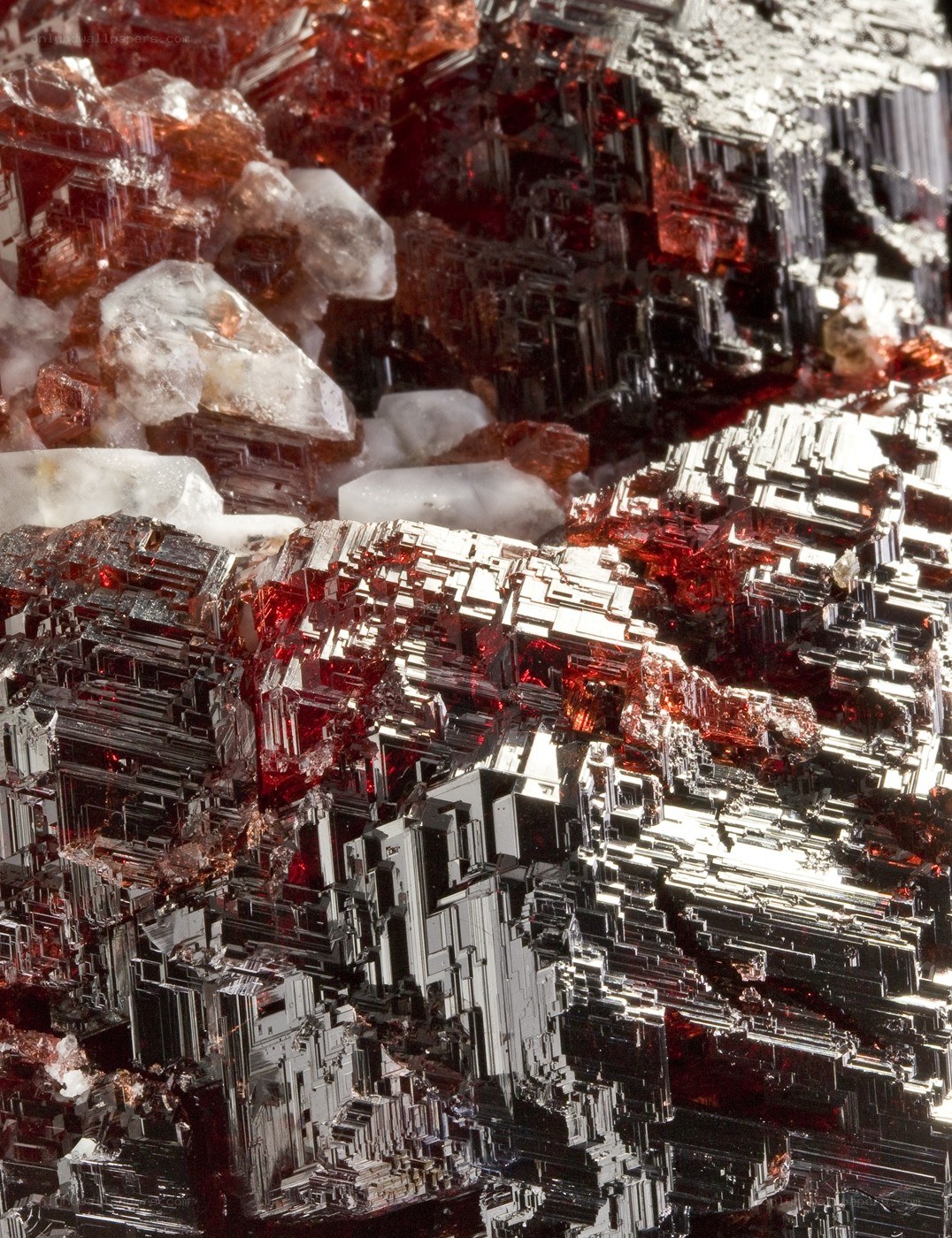 Red and white mineral crystals