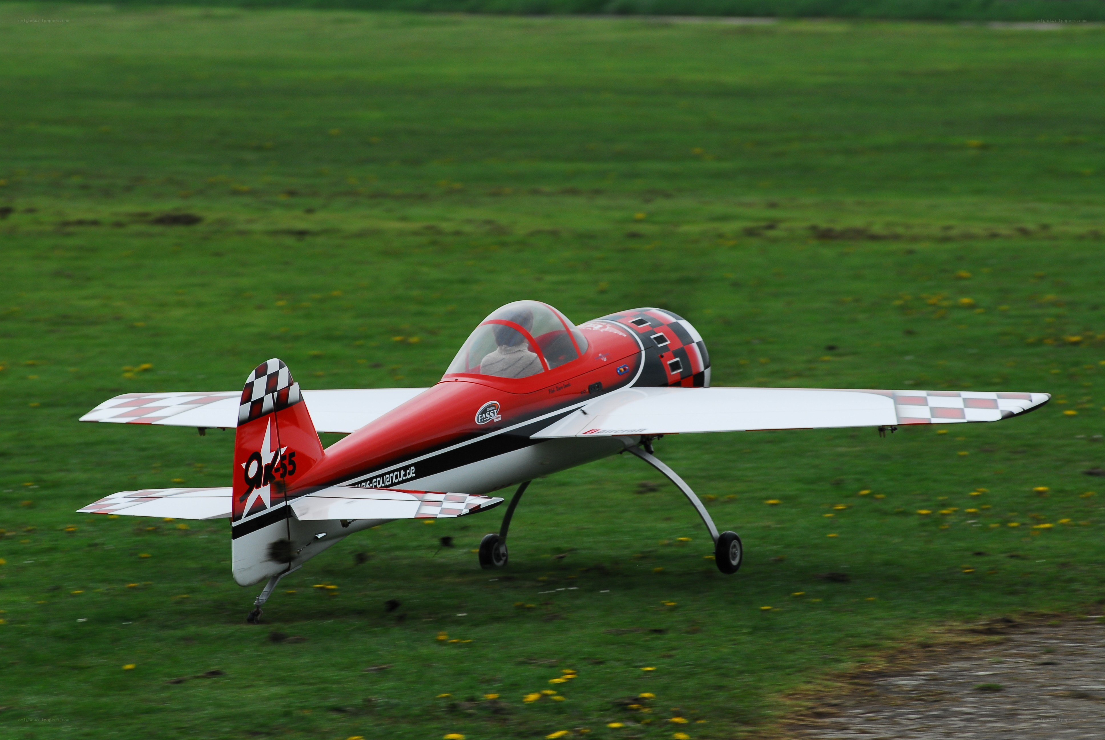 Red and white model airplane on grass